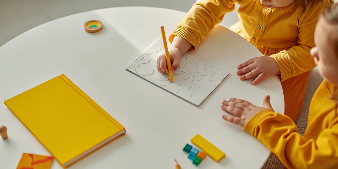 Child tracing letters in a grooved workbook with parent nearby