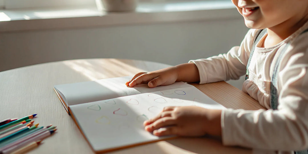 Preschooler tracing letters in a grooved handwriting workbook with disappearing ink at a wooden table