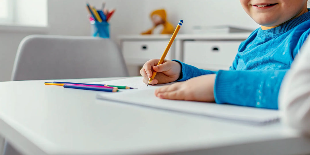 Left-handed child practicing handwriting with a grooved workbook at a desk