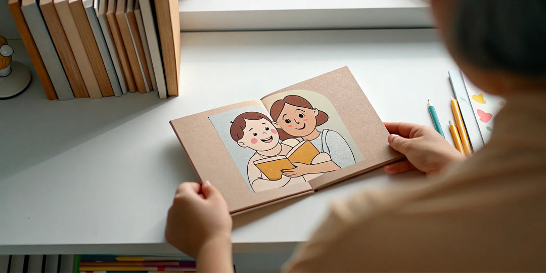 A warm illustration of a mother teaching her child how to sound out words using cards.