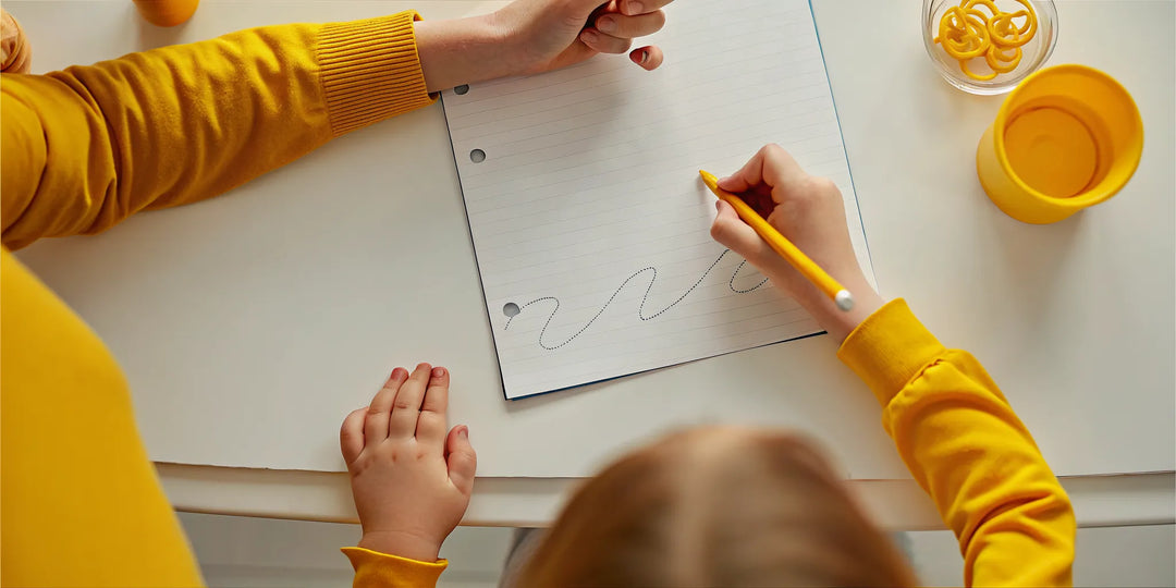 Parent helping a child practice cursive handwriting at home