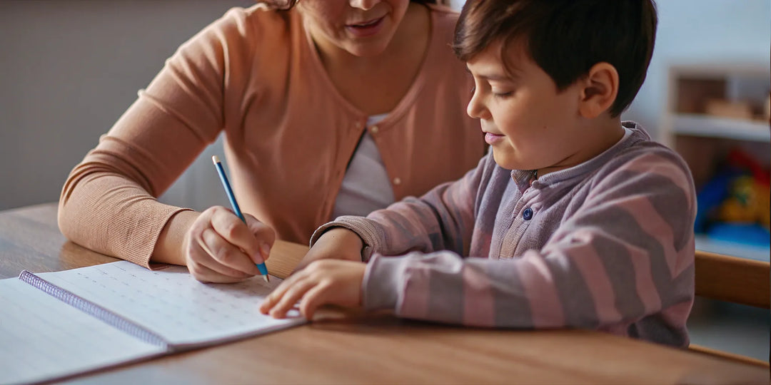 A mother and child practicing spelling at home using a grooved workbook
