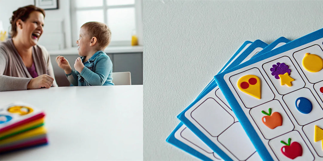 Parent and child learning syllable division with colorful phonics flashcards and grooved workbook at home