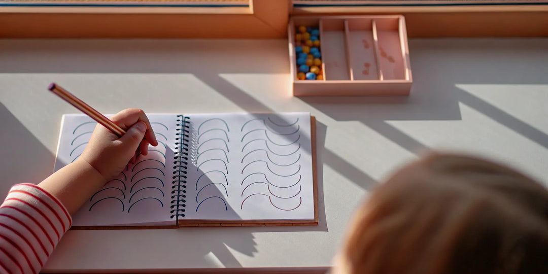 Child practicing cursive handwriting at a calm learning desk