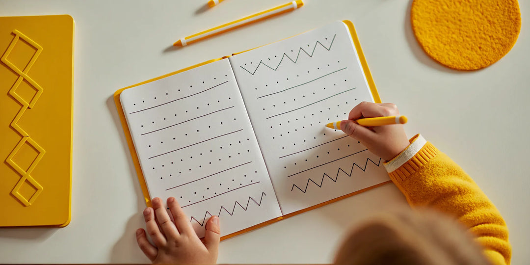Child practicing letter formation with a tactile workbook