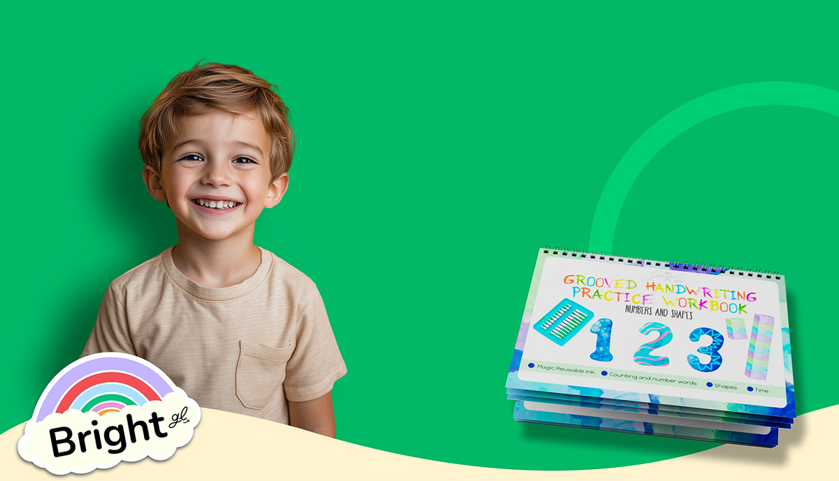 Boy with handwriting practice workbook set