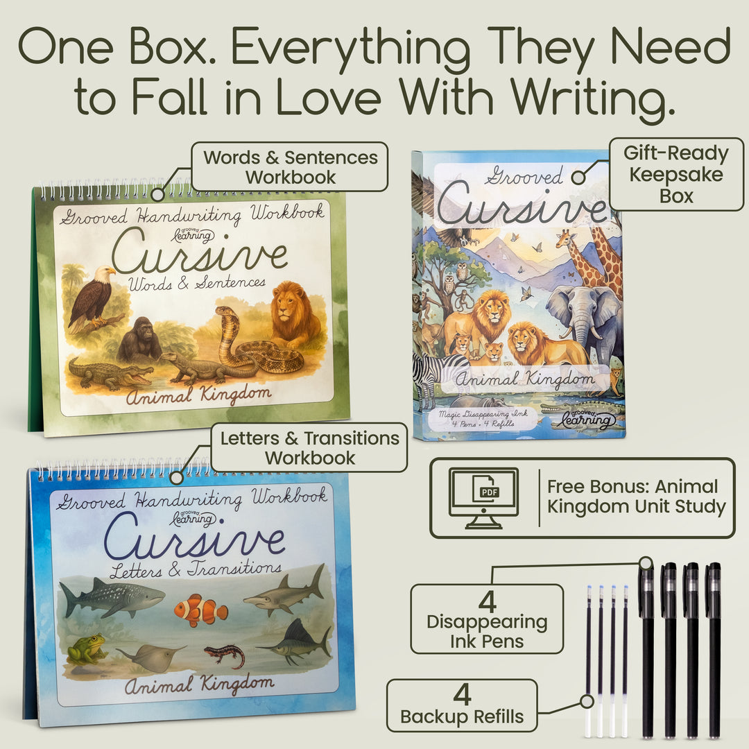 Grooved Animal Kingdom Cursive for Kids | Reusable Cursive Handwriting Books with Disappearing Ink