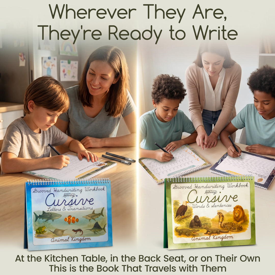 Grooved Animal Kingdom Cursive for Kids | Reusable Cursive Handwriting Books with Disappearing Ink