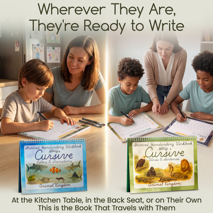 Grooved Animal Kingdom Cursive for Kids | Reusable Cursive Handwriting Books with Disappearing Ink