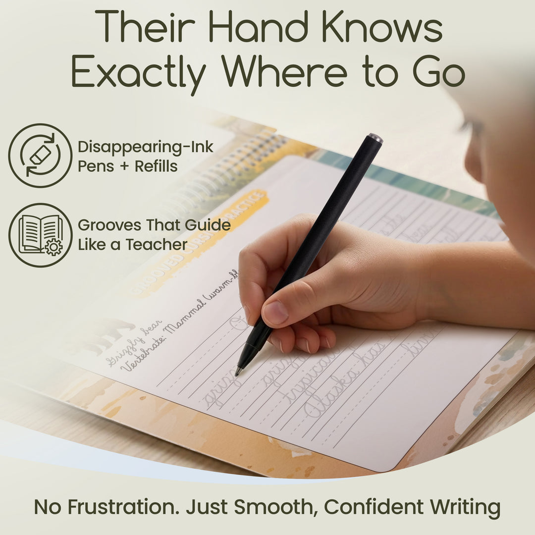 Grooved Animal Kingdom Cursive for Kids | Reusable Cursive Handwriting Books with Disappearing Ink