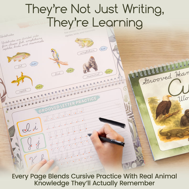 Grooved Animal Kingdom Cursive for Kids | Reusable Cursive Handwriting Books with Disappearing Ink